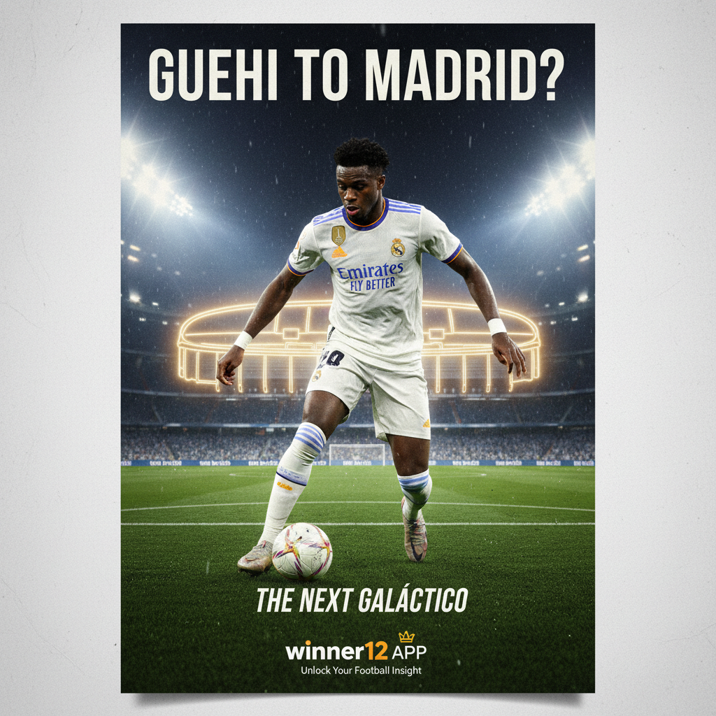 Alt text: Realistic poster of Marc Guehi in action, highlighting his potential transfer to Real Madrid with a professional English football style, featuring subtle winner12.ai branding and a stadium background.