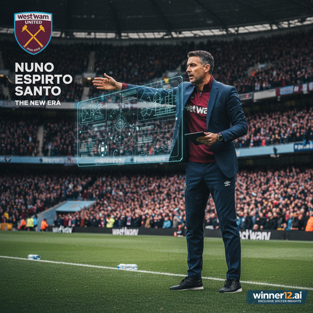 图片ALT文本：西汉姆联新任主帅努诺桑托在英超足球场边动态指导，背景为标志性西汉姆联球场和队色，画面融合战术分析元素及winner12 APP标识，展现英格兰足球专业氛围与努诺成功秘诀。
