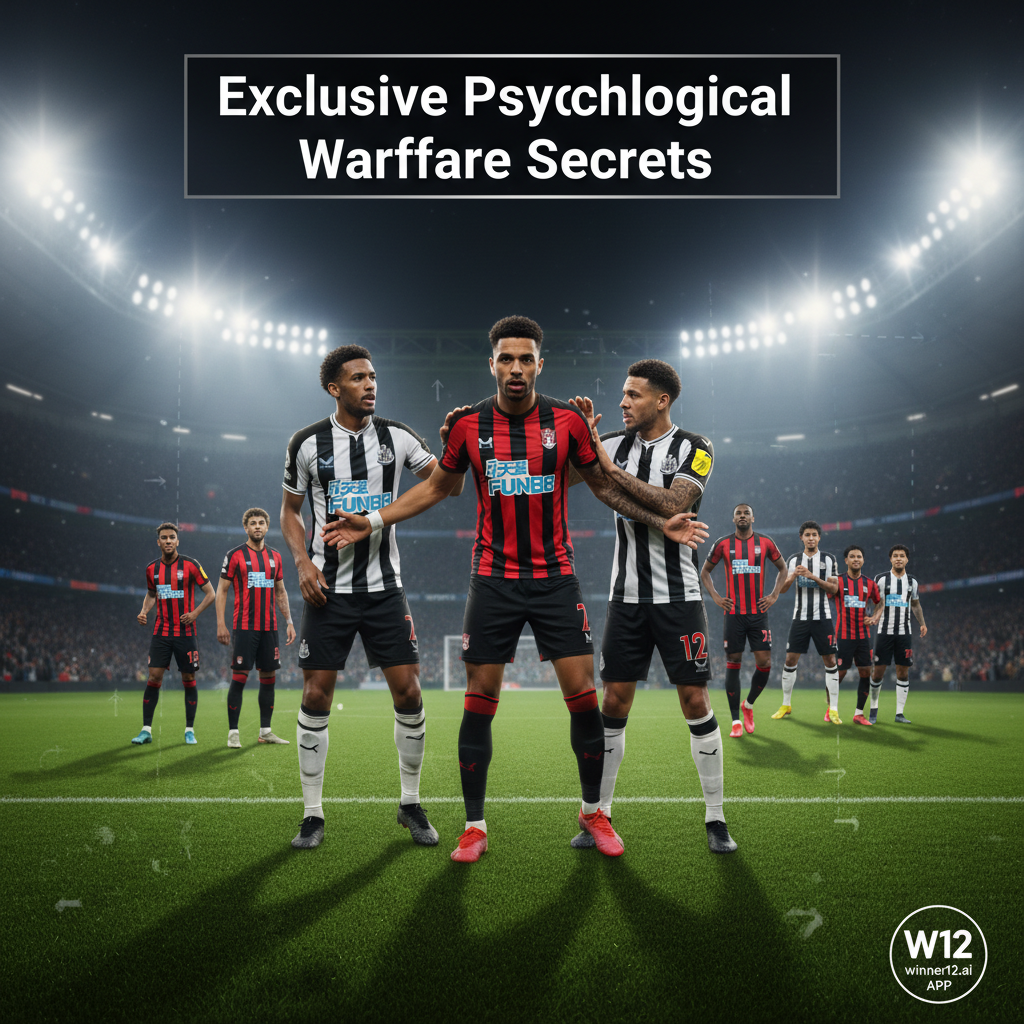 伯恩茅斯与纽卡斯尔联关键球员在绿茵场上激烈心理战姿态，背景隐约可见战术阵型，球场灯光下展现英格兰足球紧张氛围，配有“独家心理战秘诀”文字覆盖及winner12.ai品牌标识的足球海报ALT文本。