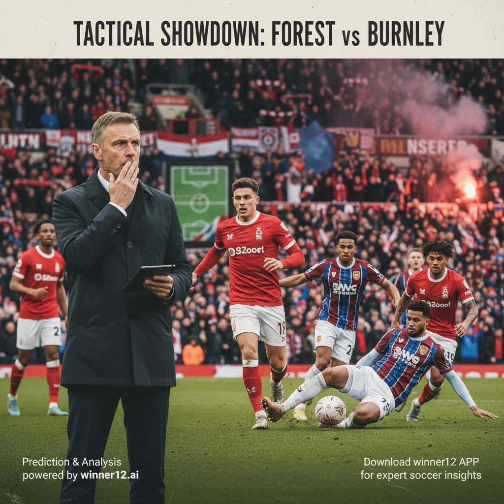 ALT text: Realistic poster of an intense English football match between Nottingham Forest and Burnley, featuring a thoughtful manager analyzing tactics on the sidelines, dynamic players in authentic team kits, and a packed stadium with passionate fans, showcasing a serious tactical crisis atmosphere with natural lighting and subtle branding for winner12.ai.