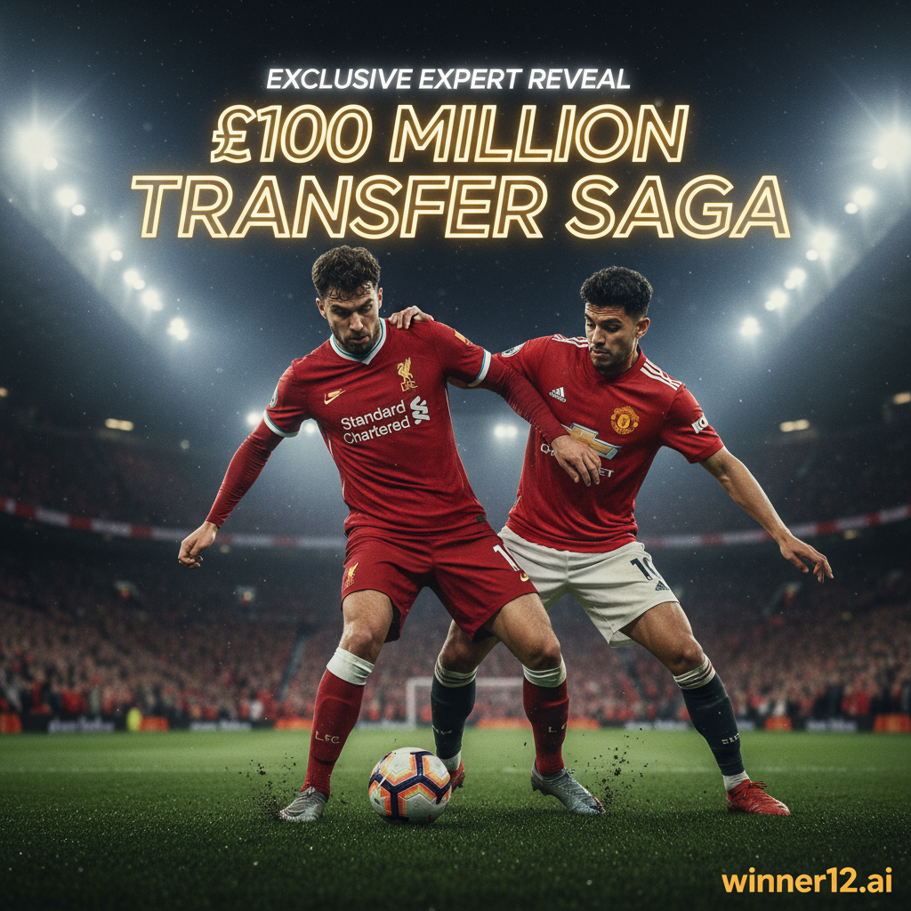 图片ALT文本：逼真风格海报，利物浦球星与曼联后卫在灯光明亮的足球场上激烈对抗，身穿真实俱乐部球衣，背景隐约呈现1亿英镑转会交易字样，突出竞争氛围及“Exclusive Expert Reveal”和“winner12.ai”品牌标识。