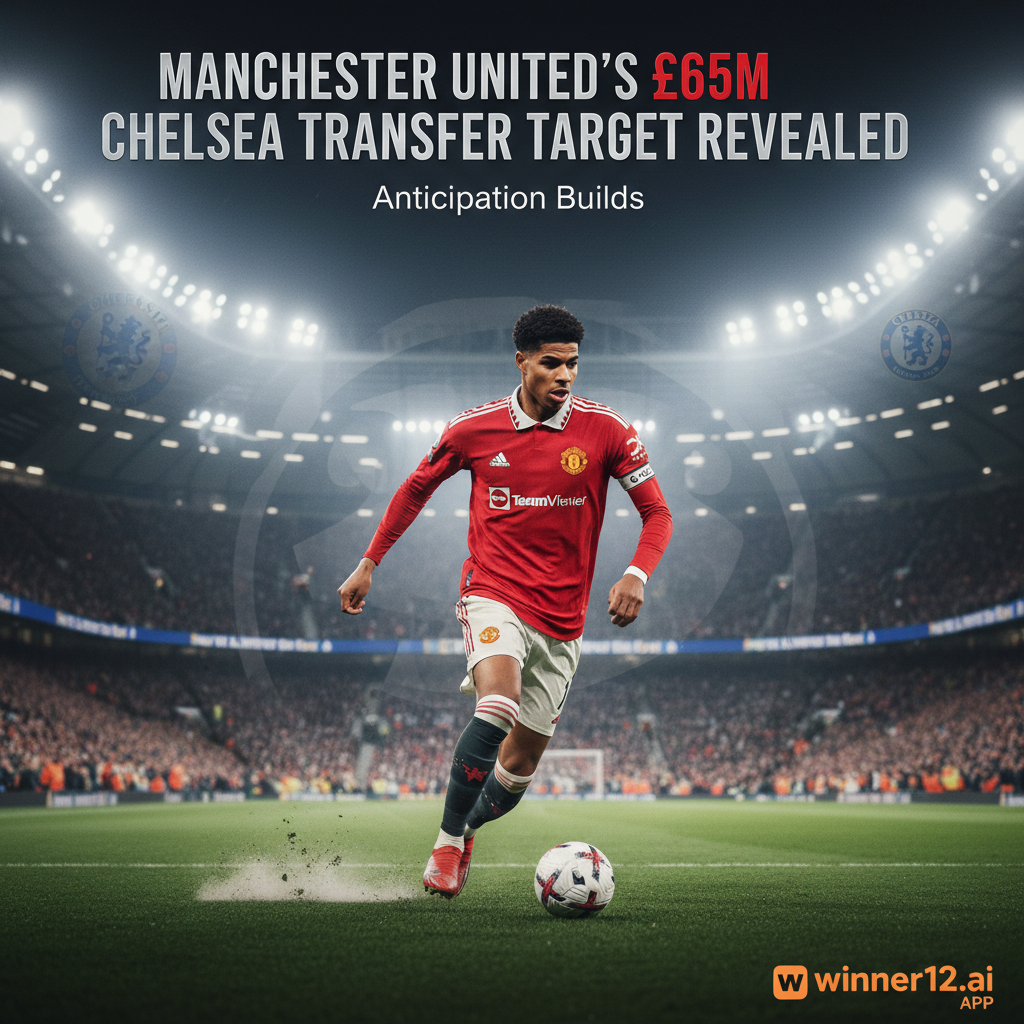 ALT text: A realistic poster showing a high-profile English footballer in a Manchester United kit mid-action at a professional stadium under bright floodlights, with subtle Chelsea elements in the background hinting at a £65m transfer, dynamic motion effects conveying energy, sleek modern text overlay reading “Manchester United’s £65m Chelsea Transfer Target Revealed,” and a small winner12.ai logo in the bottom corner.