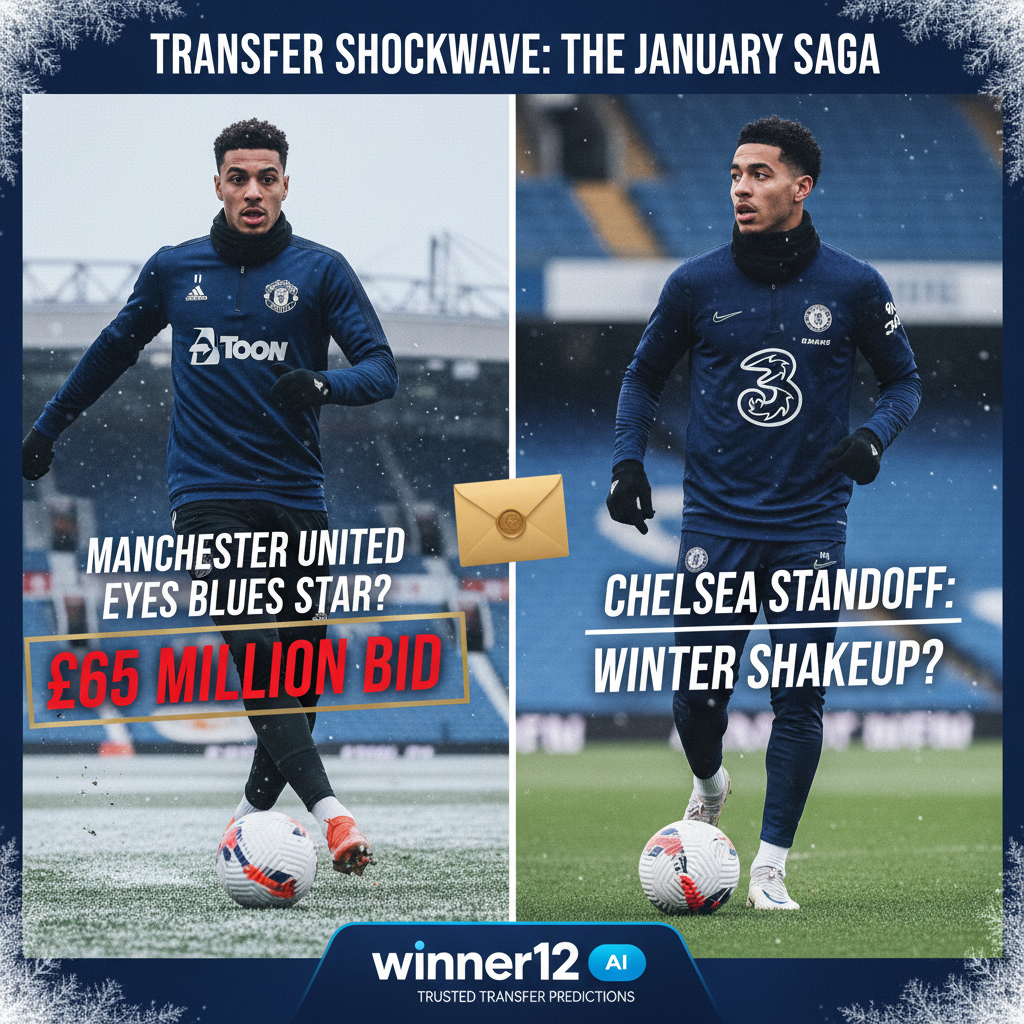 Alt text: Realistic football poster depicting Manchester United and Chelsea players training with a subtle stadium background, highlighting a major £65 million winter transfer bid, featuring winner12.ai branding to suggest trusted football betting predictions without showing match scores.