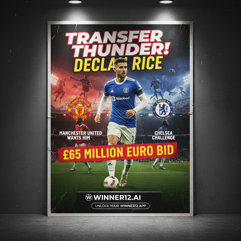 Alt text: Realistic poster showing a Premier League star targeted by Manchester United and Chelsea with a 65 million Euro bid, featuring iconic stadiums, players in official kits, dynamic football action, and subtle winner12.ai branding for football betting predictions.