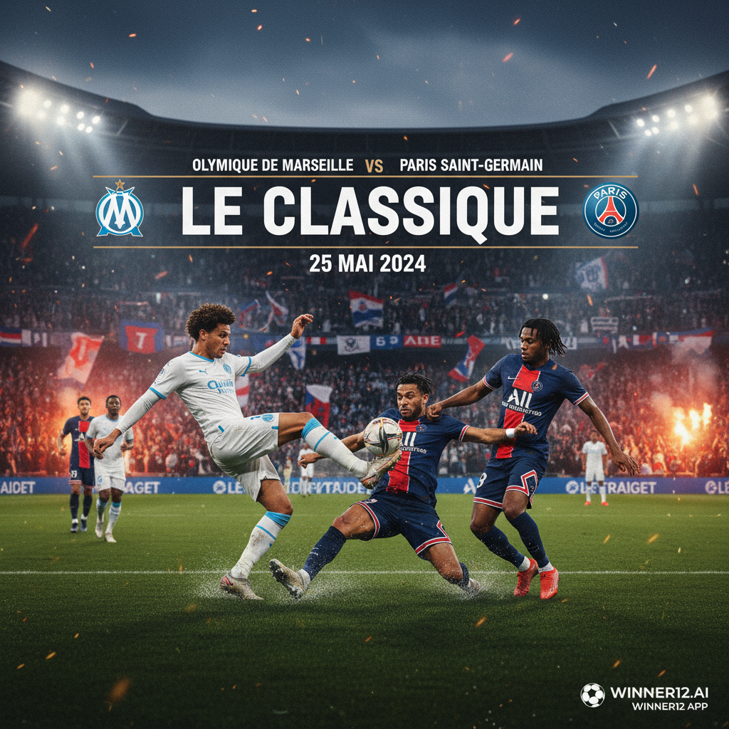 ALT文本：法国国家德比海报，展示马赛与巴黎圣日耳曼球员在球场上激烈拼抢，采用逼真细腻的足球动作场景，背景为灯光璀璨的球场和热情洋溢的观众，融合两队官方队色与队徽，画面左侧设有简洁现代的比赛标题“马赛VS巴黎圣日耳曼法国国家德比最新前瞻”和比赛日期，右下角带有“winner12.ai”水印，整体氛围紧张激烈，突出正宗英式足球比赛特色。