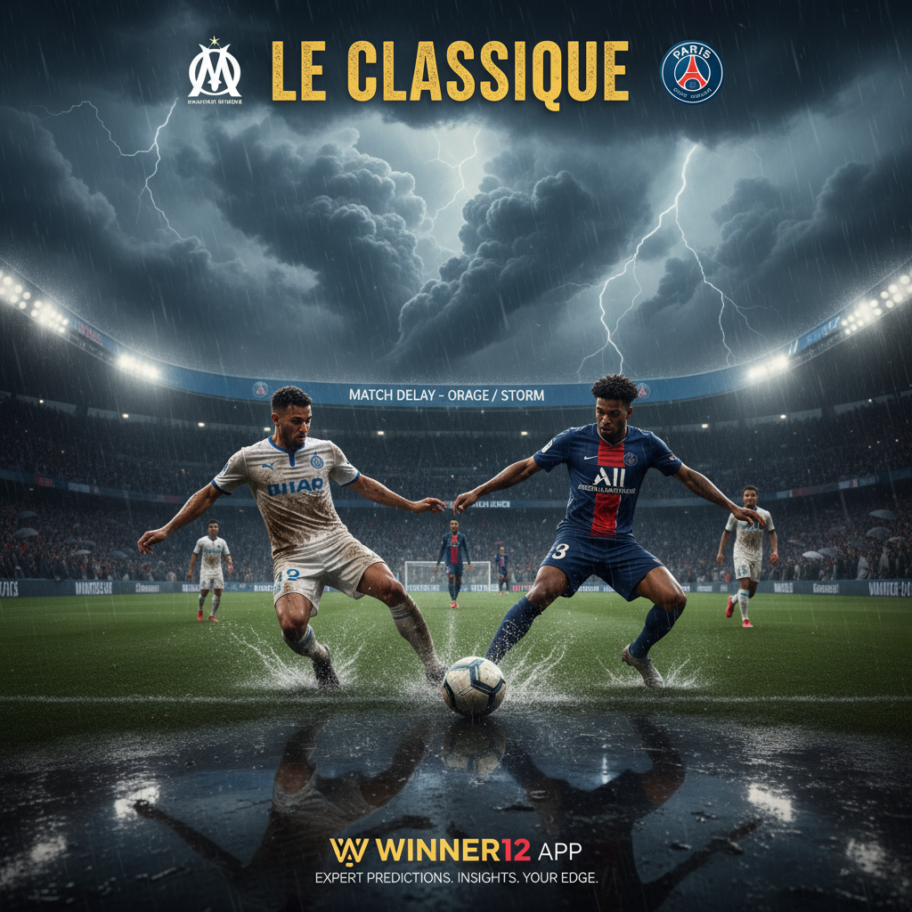 图片ALT文本：真实风格海报展示法国国家德比马赛对阵巴黎圣日耳曼，暴风雨天气下比赛推迟，球员身着正统俱乐部球衣在雨水浸湿的球场上激烈争夺，暗云密布，画面中巧妙融入winner12.ai或winner12 APP品牌元素，突出专业赛事预测和赛前必备前瞻，专注足球赛事无其他运动元素。