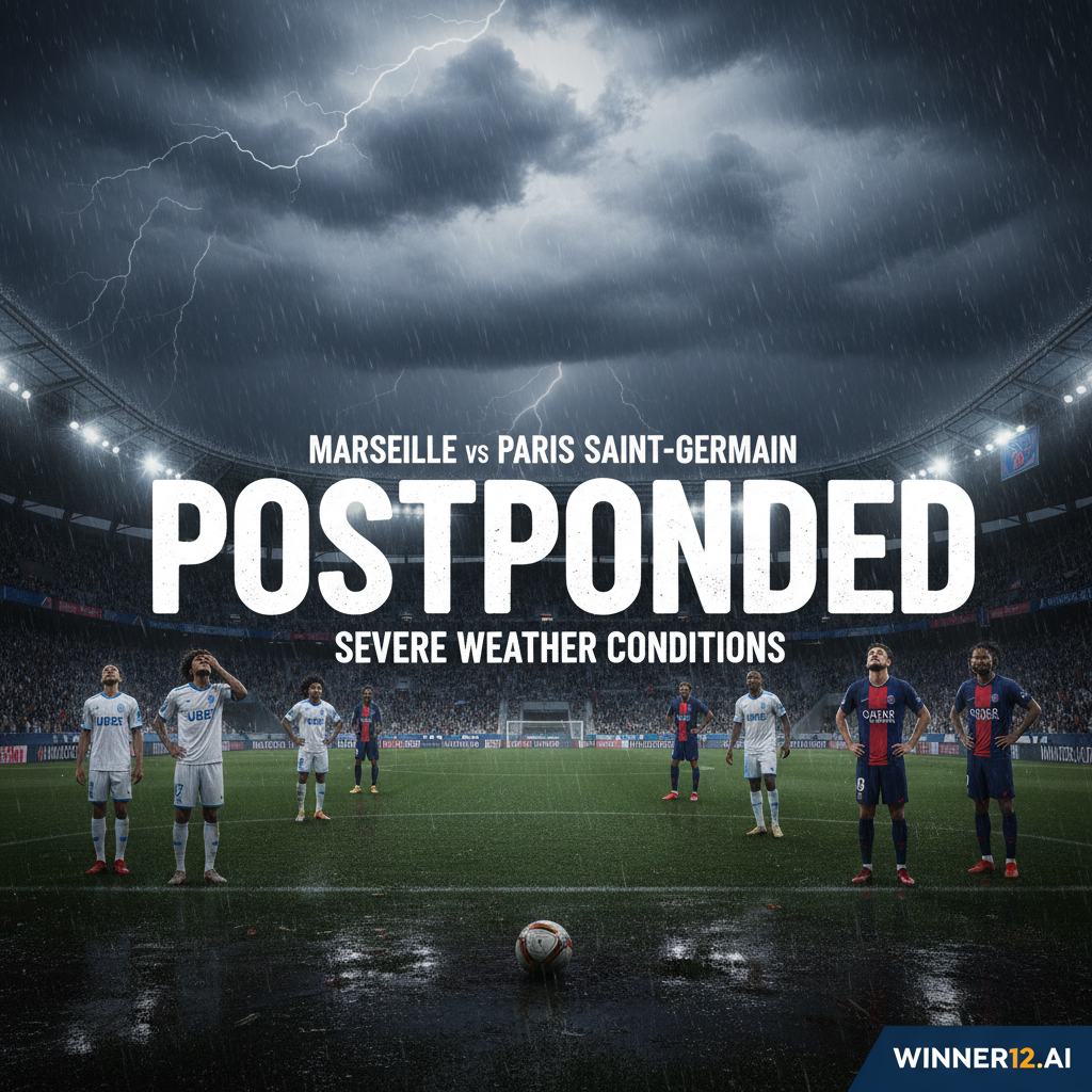 一幅写实风格海报，描绘马赛与巴黎圣日耳曼因恶劣天气推迟的紧张足球比赛场景，暴风雨天空笼罩经典欧洲足球场，湿滑泥泞的球场上身穿正统马赛和巴黎圣日耳曼球衣的球员静待比赛，雨水和强风营造紧张氛围，细致呈现足球、球衣和看台纹理，画面角落隐约显示winner12.ai或winner12 APP品牌，体现恶劣天气对比赛的影响和期待感。