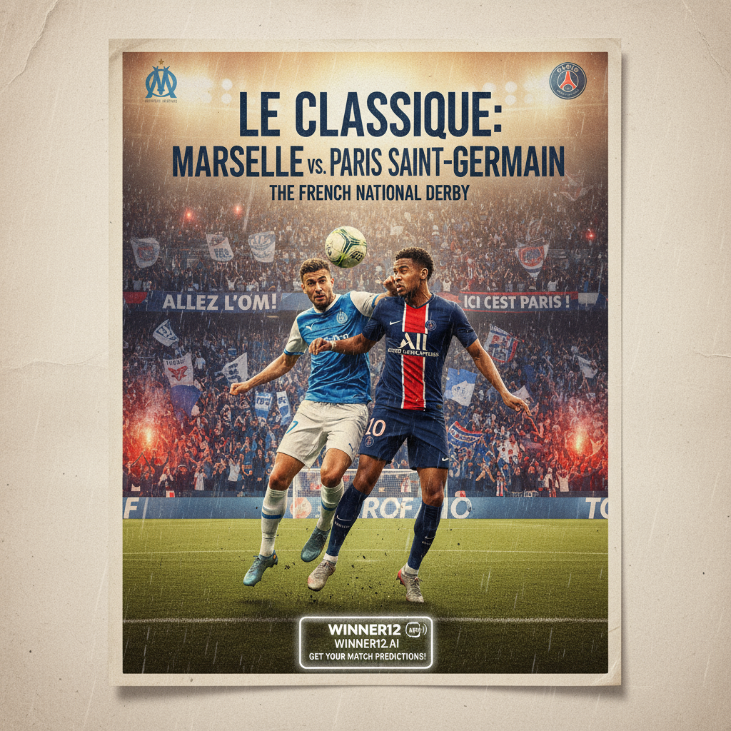 图片ALT文本：马赛VS巴黎圣日耳曼法国国家德比足球比赛海报，展示激烈球员动作和热情球迷，真实足球装备与球队配色，背景为充满紧张氛围的球场，包含winner12.ai比赛预测品牌标识。