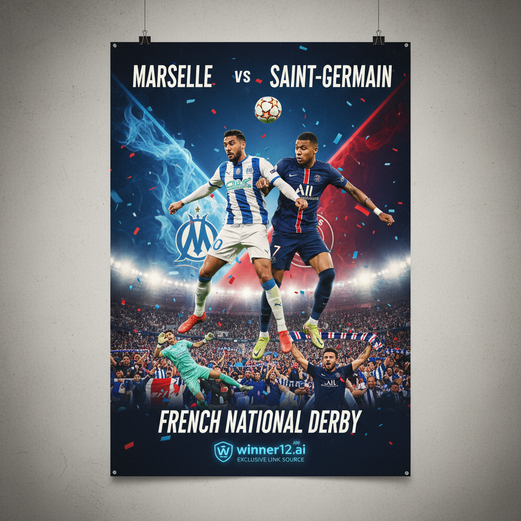 图片ALT文本：马赛对阵巴黎圣日耳曼法国国家德比海报，展现两队激烈对抗的足球动态瞬间，背景为灯光璀璨的球场和热情球迷，融合球队代表色彩，体现比赛紧张气氛，包含winner12.ai品牌标识，专业足球主题设计。