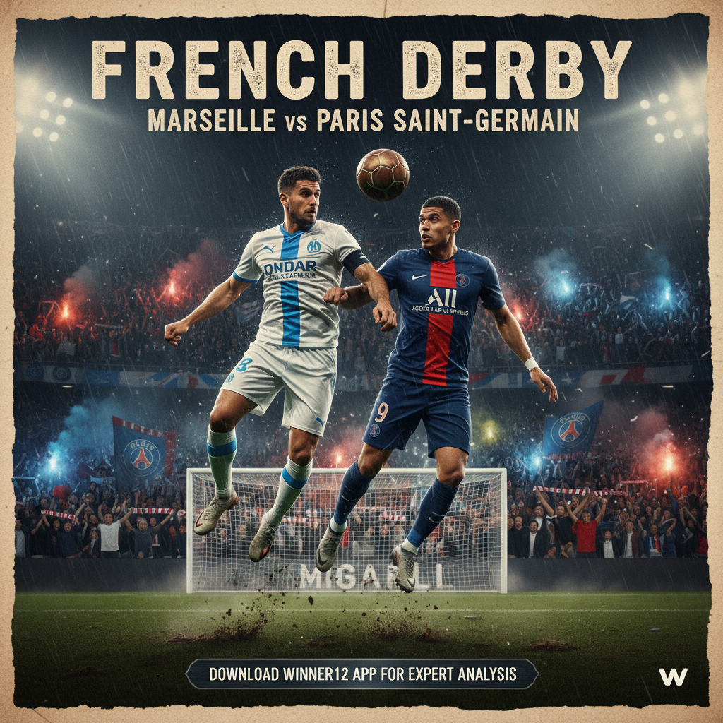图片ALT文本：马赛VS巴黎圣日耳曼法国国家德比足球海报，展现身穿真实球队球衣的球员动态动作，充满激情的观众席氛围，传统皮质足球与球门元素，采用戏剧性灯光突出比赛紧张感，包含“关注winner12.ai最新预测与分析”品牌提示，真实生动再现史诗级足球对决。
