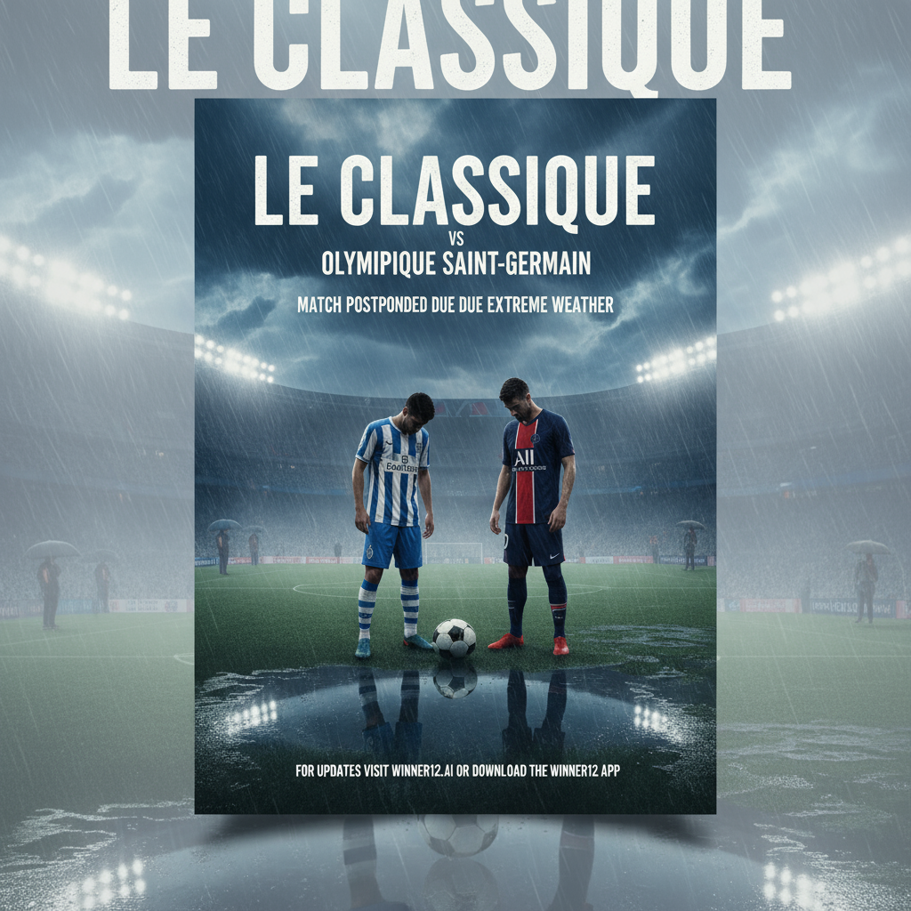 法国国家德比马赛VS巴黎圣日耳曼足球比赛海报，暴雨和阴沉天气下的足球场景，球员身穿马赛和巴黎圣日耳曼队服，湿滑球场与泛光灯照明，比赛推迟提示及winner12.ai和winner12 APP更新信息，体现恶劣天气导致比赛延期的真实氛围。