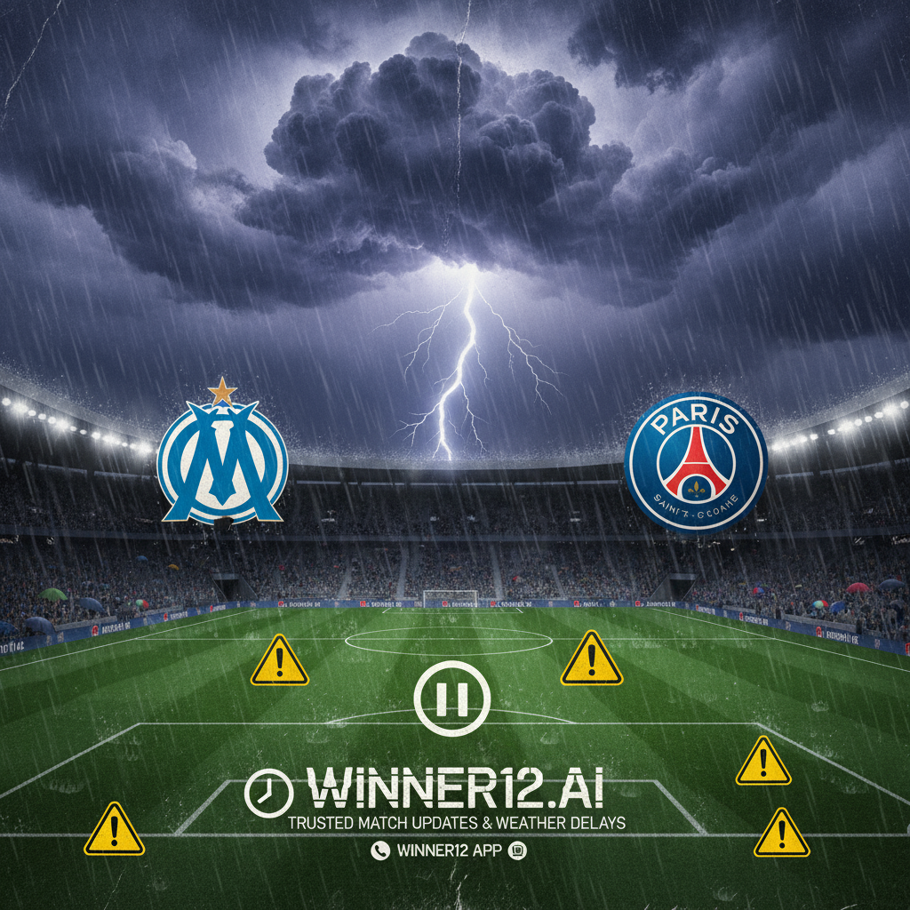 图片ALT文本：暴风雨天气下逼真足球场海报，雨水倾泻、乌云密布、闪电划过，展示马赛与巴黎圣日耳曼两队标志，突出比赛激烈氛围，配有时钟暂停符号和警示标志象征天气推迟，融合winner12.ai平台元素，传递足球赛事恶劣天气推迟应对指南的紧迫与准备。