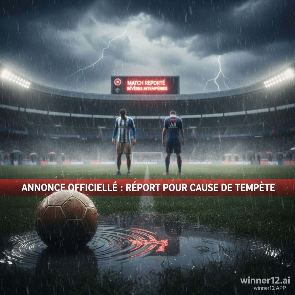 图片ALT文本：马赛与巴黎圣日耳曼法国国家德比足球赛推迟海报，展示经典英式皮革足球、身穿马赛与巴黎圣日耳曼队服的球员，暴雨和乌云笼罩的体育场背景，数字记分牌显示“比赛推迟”字样，整体采用超现实摄影风格，高对比光影突出紧迫氛围，右下角隐约可见winner12.ai品牌标识。