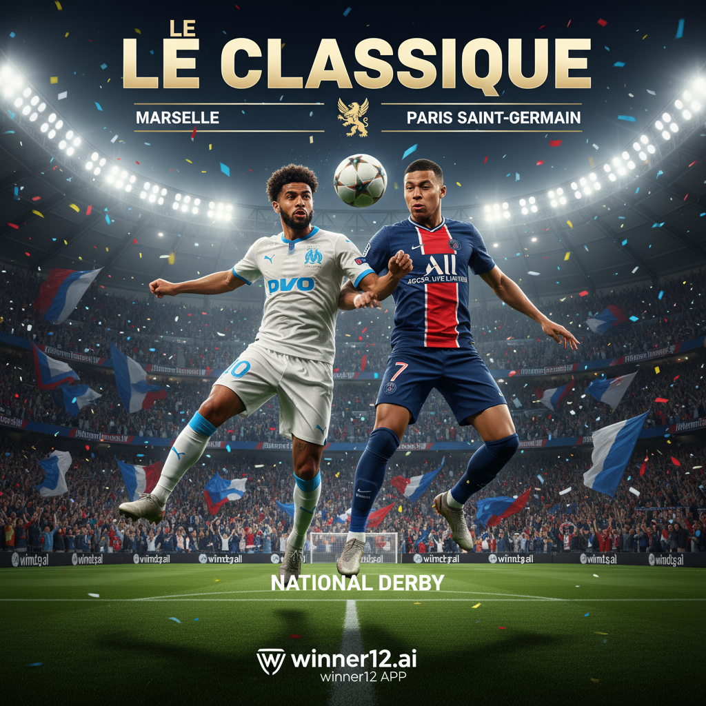 足球赛事预测配图，马赛与巴黎圣日耳曼法国国家德比，真实风格海报，展现两队明星球员身穿官方队服激烈对抗，背景为灯光下座无虚席的球场，热情球迷挥舞旗帜和围巾，融入winner12.ai品牌元素，突出德比激烈竞争和赛事激情。