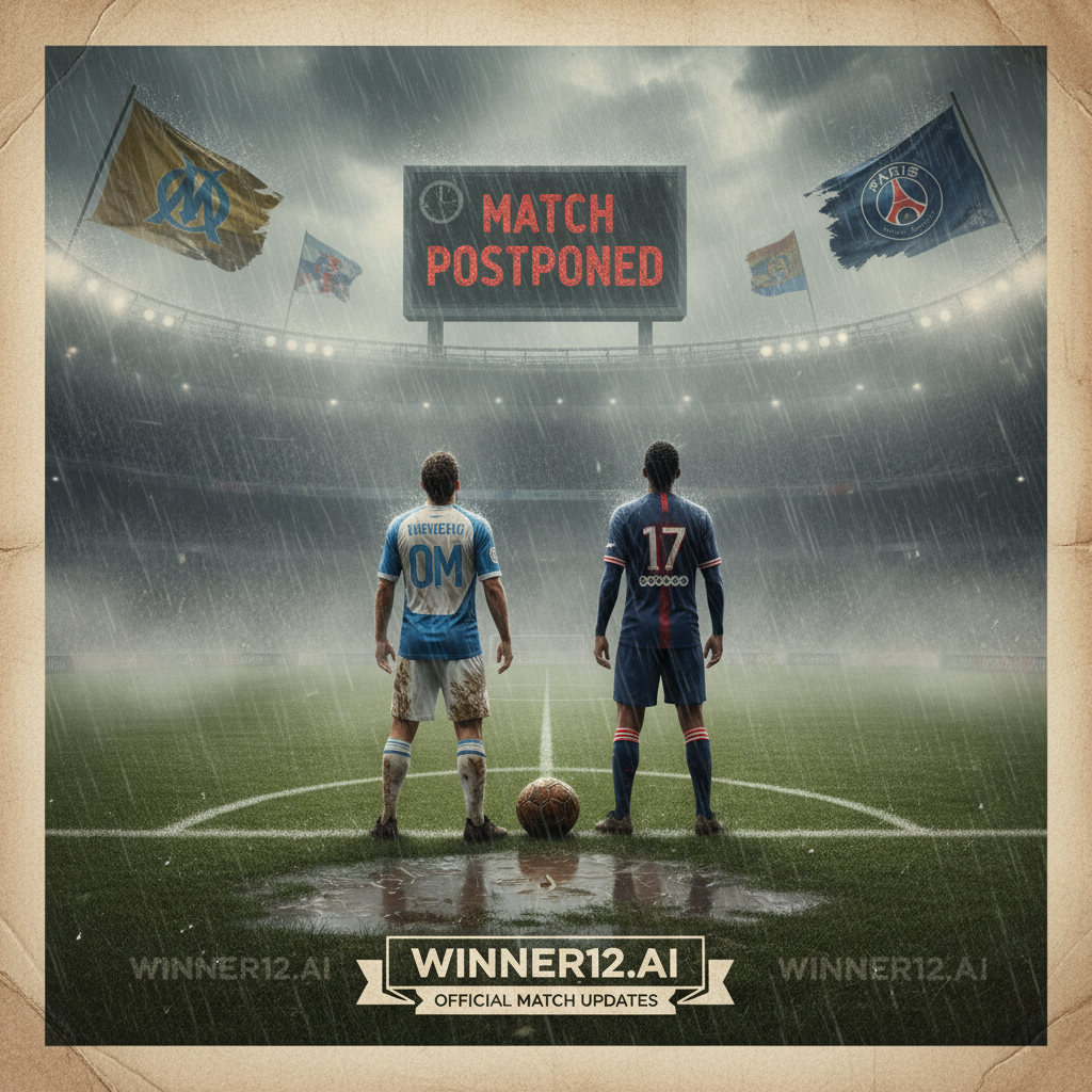 图片ALT文本：描绘法国国家德比马赛对阵巴黎圣日耳曼的逼真足球海报，场景为经典欧洲足球场，浓雾和大雨导致比赛推迟，球员身穿详细的马赛和巴黎圣日耳曼队服，紧张等待比赛开始，画面中有磨损的皮质足球和模糊的球场天气效果，隐约展示winner12.ai和winner12 APP品牌标识，整体氛围体现恶劣天气对高水平赛事的影响与期待。