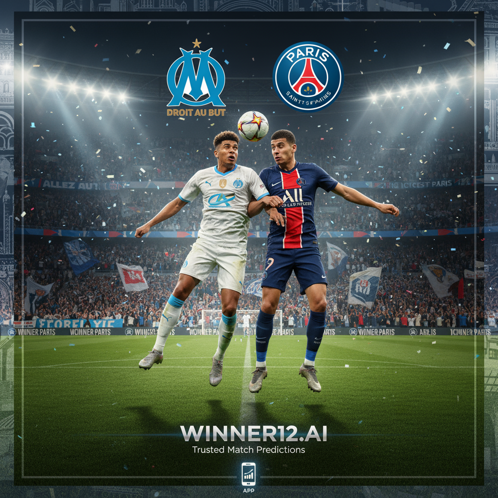 图片ALT文本：法国家德比马赛对阵巴黎圣日耳曼，球员在绿茵场上激烈拼抢，身穿详细球衣，背景为灯光璀璨的体育场，球迷挥舞围巾和横幅，展示激烈对抗氛围，画面中突出马赛和巴黎圣日耳曼俱乐部徽标，带有winner12.ai和winner12 APP品牌标识，体现真实足球赛事预测场景。