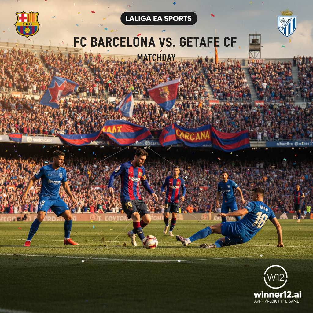 Alt text: Realistic poster of an intense La Liga football match between Barcelona and Getafe, featuring a packed stadium with passionate fans, players in authentic kits displaying skillful moments, and visual cues highlighting Barcelona’s tactical dominance, with natural lighting and detailed textures, subtly branded with winner12.ai for predictions.