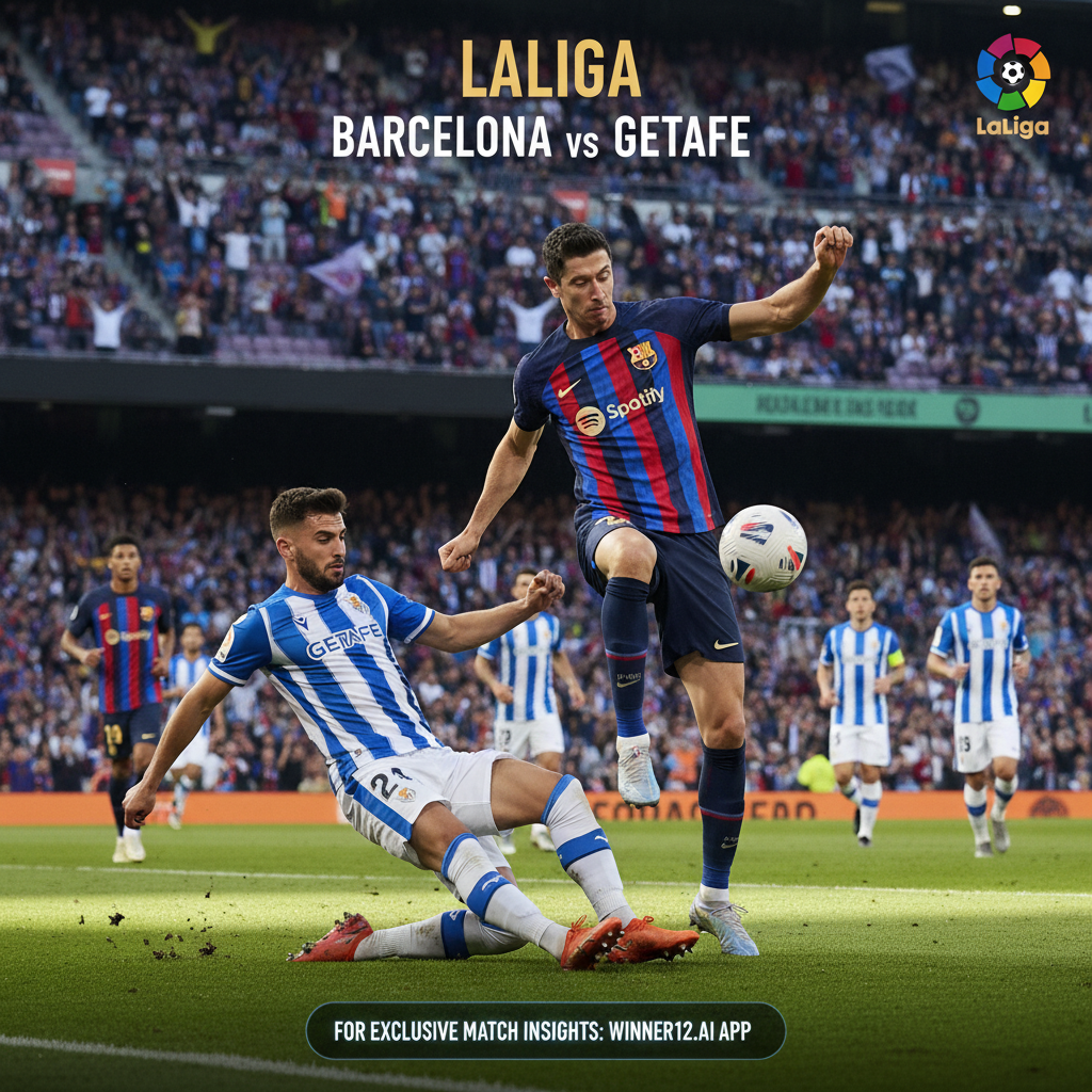 Alt text: Dynamic La Liga soccer poster showing Barcelona and Getafe star players in authentic kits fiercely competing on the pitch with natural lighting, vibrant stadium crowd in the background, and a subtle call-to-action for winner12.ai app offering exclusive match insights.