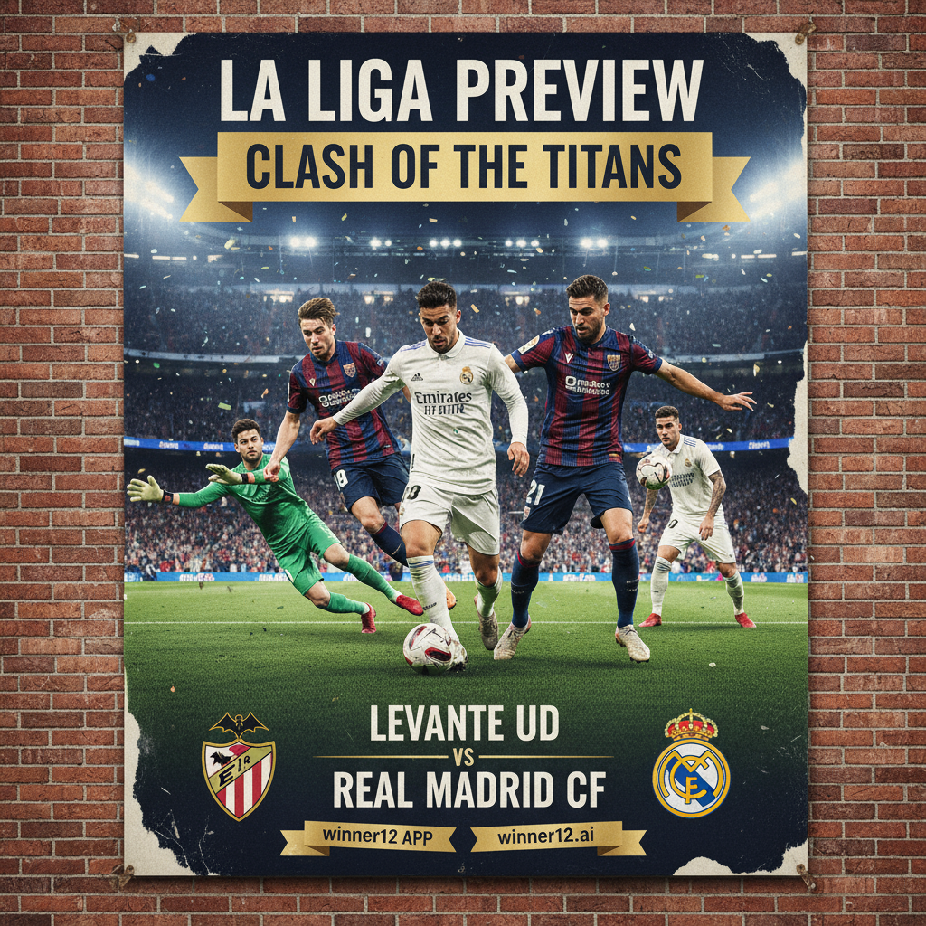 莱万特VS皇家马德里西甲足球赛前瞻海报，真实细节展示英式足球场激烈氛围，球迷热情洋溢，球员身穿正版球衣在绿茵场上激烈对抗，灯光璀璨，彰显争冠紧张气氛，海报巧妙融入“winner12.ai”品牌标识，专注足球赛事无橄榄球元素。
