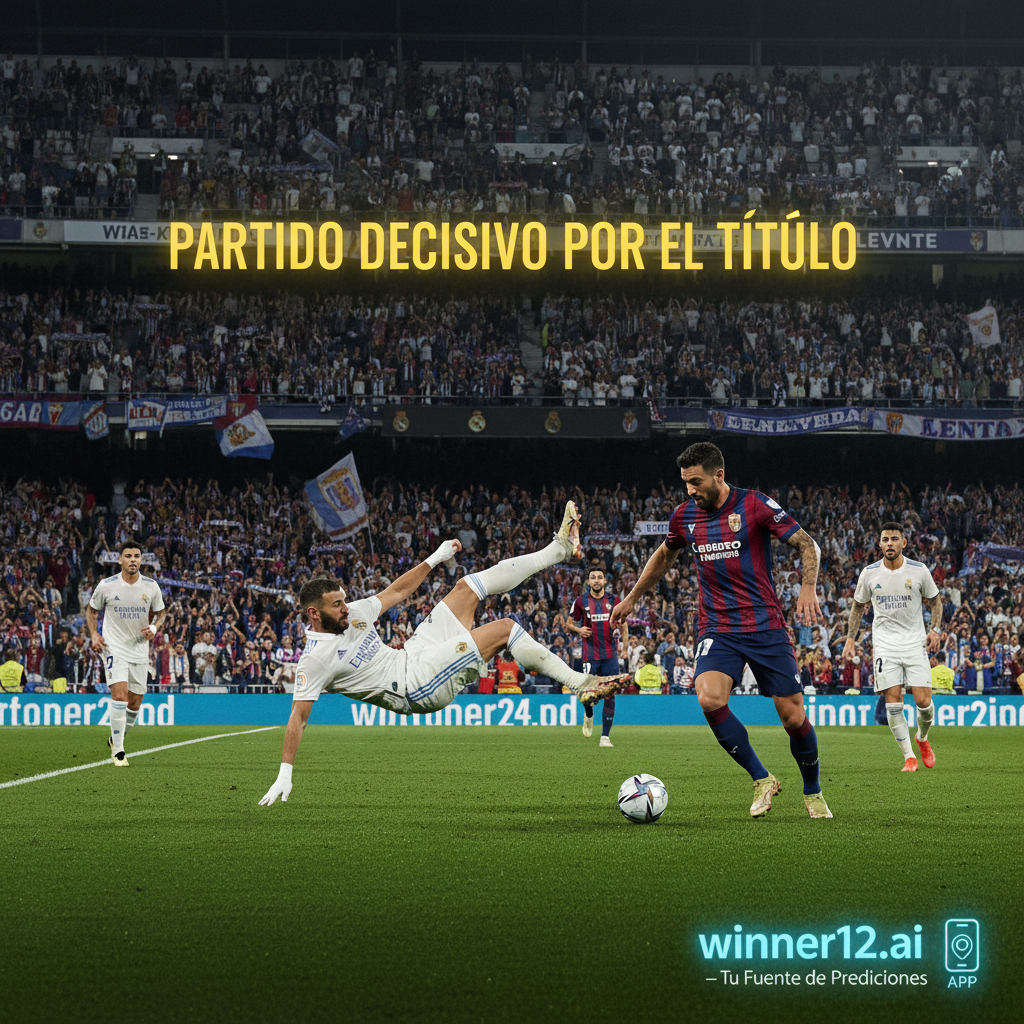 图片ALT文本：莱万特对阵皇家马德里的西甲争冠关键比赛海报，真实细致展现充满激情的球迷氛围，两队主力球员动态拼抢，戏剧化灯光突显比赛紧张激烈，佩戴正宗足球装备，画面中隐约出现“winner12.ai”品牌标识，专注足球无橄榄球元素。