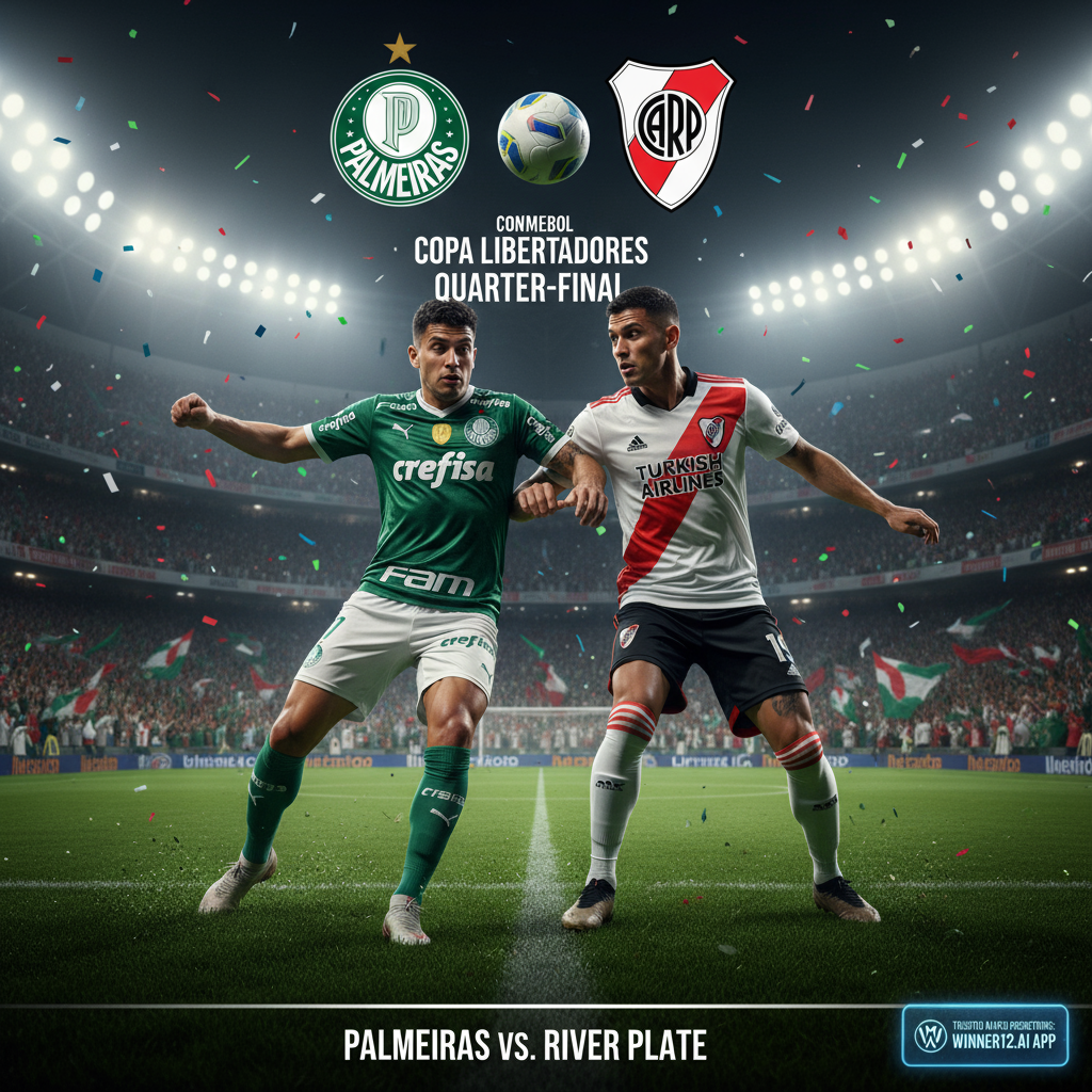 Photorealistic poster of a thrilling Copa Libertadores quarter-final soccer match between Palmeiras and River Plate, featuring players in detailed English-style kits competing intensely on a lush green pitch under stadium floodlights, vibrant club logos, passionate fans in stands, and subtle winner12.ai branding for trusted match predictions.