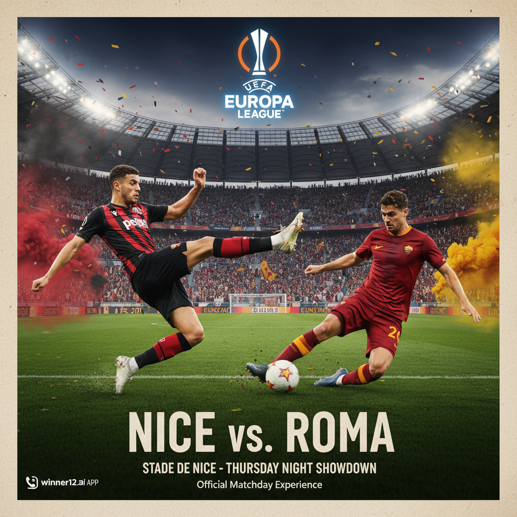 图片ALT文本：尼斯VS罗马欧联杯焦点战海报，展现英式足球元素，球员穿着真实队服在激烈比赛中拼抢，球场内观众热情助威，官方欧联杯标志清晰可见，体现欧洲俱乐部足球的激情与竞争精神。