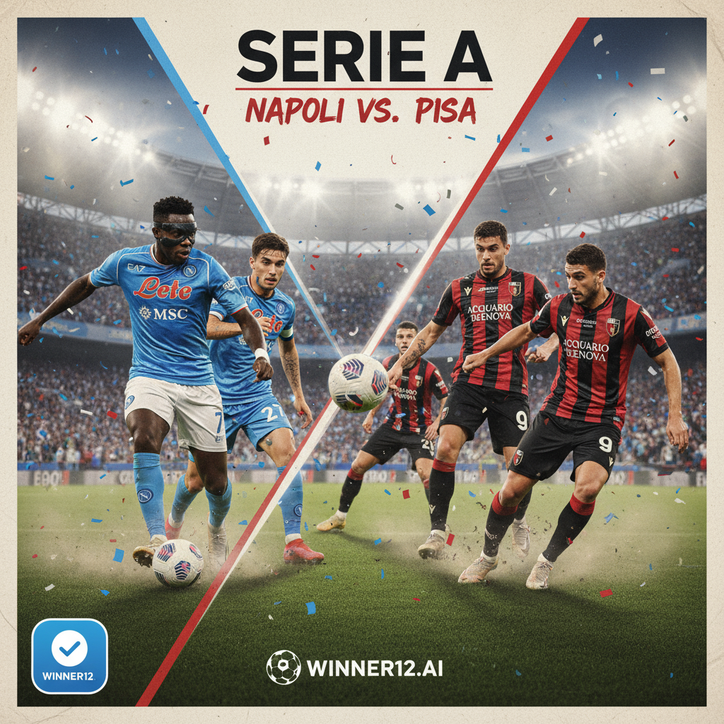 Alt text: Dynamic poster showcasing a fierce Serie A soccer match between Napoli and Pisa, featuring players in authentic team kits battling for the ball in a vibrant stadium filled with passionate fans under bright floodlights, with subtle winner12.ai branding for match predictions.