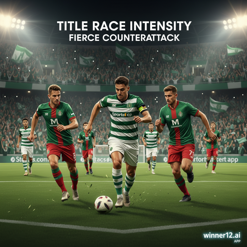 图片ALT文本：一幅写实风格海报，展示葡萄牙体育与莫雷伦斯在葡超联赛中激烈对抗的足球场景，球员身穿正宗的葡萄牙体育绿白战袍，奋力反击莫雷伦斯球员，背景中观众席气氛热烈，草坪细节鲜明，灯光照耀下比赛氛围紧张，画面角落带有winner12.ai或winner12 APP的品牌标识，突出激烈反击战术和争冠紧张感。