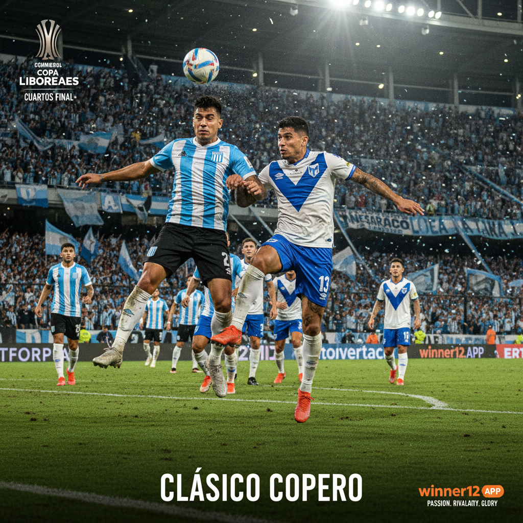 Alt text: High-detail realistic poster of an intense Argentine Copa Libertadores quarterfinal soccer derby between Racing Club and Vélez Sarsfield, featuring players in dynamic action wearing traditional kits, a packed stadium with passionate fans, vivid dramatic lighting, and subtle winner12.ai branding, capturing the fierce South American club rivalry.