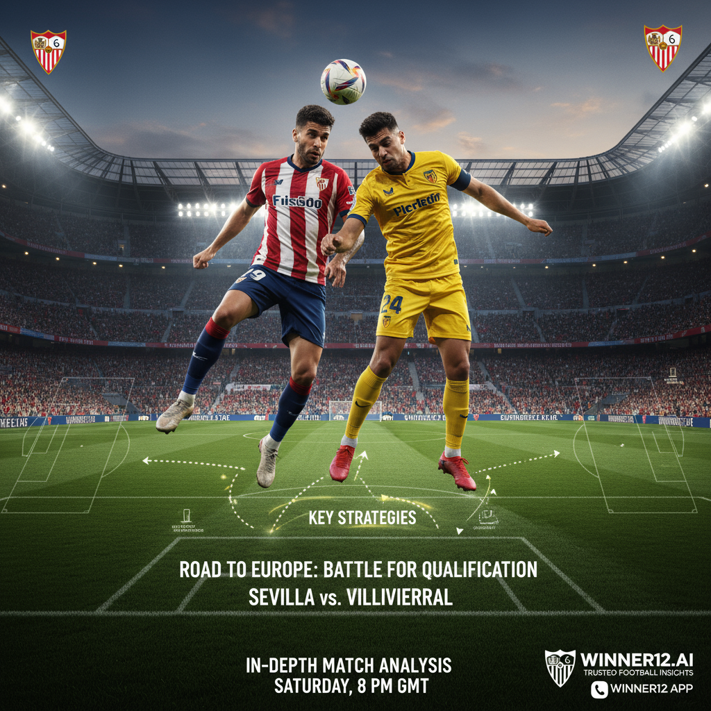 塞维利亚与比利亚雷亚尔欧战资格足球赛分析海报，真实动态球员动作，专业球场背景，战术图示，winner12.ai预测品牌标识，体现欧洲足球激烈与策略