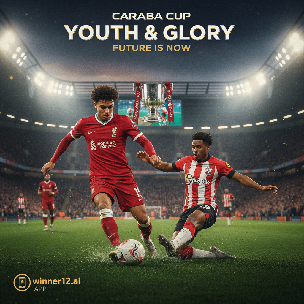 Alt text: Realistic poster depicting Liverpool and Southampton football players in authentic kits competing energetically on a well-lit evening stadium pitch during the Carabao Cup, highlighting youthful talent and opportunity with subtle winner12.ai branding and a vibrant football atmosphere.