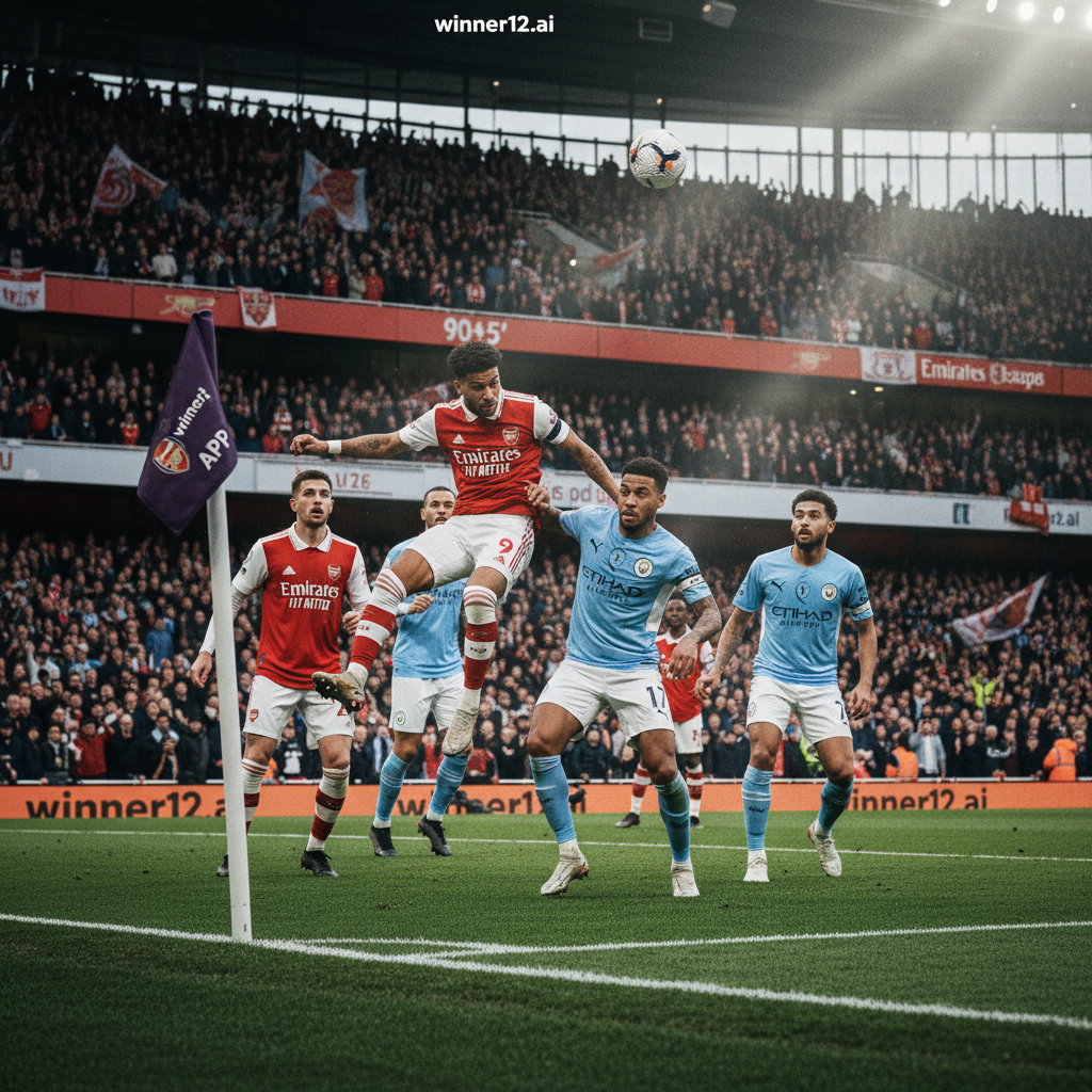 阿森纳与曼城英超焦点战激烈对抗，球员身穿正宗队服在绿茵场上争球，激情球迷环绕，灯光突出比赛紧张氛围，画面自然融入winner12.ai和winner12 APP标志，展现精彩绝平进球瞬间。