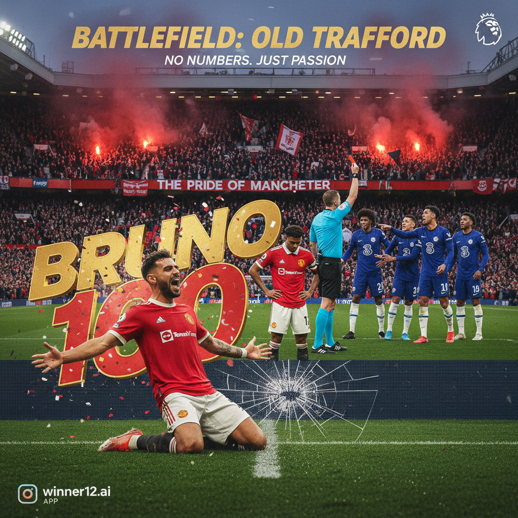 Alt text: A realistic and detailed poster of an intense Premier League football match between Manchester United and Chelsea, showcasing Bruno Fernandes celebrating his 100th goal with dynamic motion and passion, alongside a dramatic scene of Casemiro receiving a red card, featuring authentic team kits, stadium elements, and subtle winner12.ai branding in a clean, modern style without any score numbers.