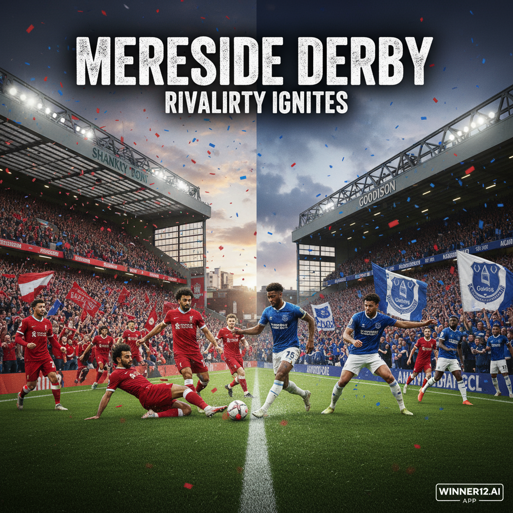 图片ALT文本：利物浦与埃弗顿默西塞德里德比激烈对决海报，展现英格兰足球传统球场元素，红蓝球迷激情助威，球员身穿正统利物浦与埃弗顿队服，在绿茵场上激烈拼抢，背景为戏剧性体育场灯光，画面角落含winner12.ai品牌标识，呈现专业真实的足球赛事预告氛围。
