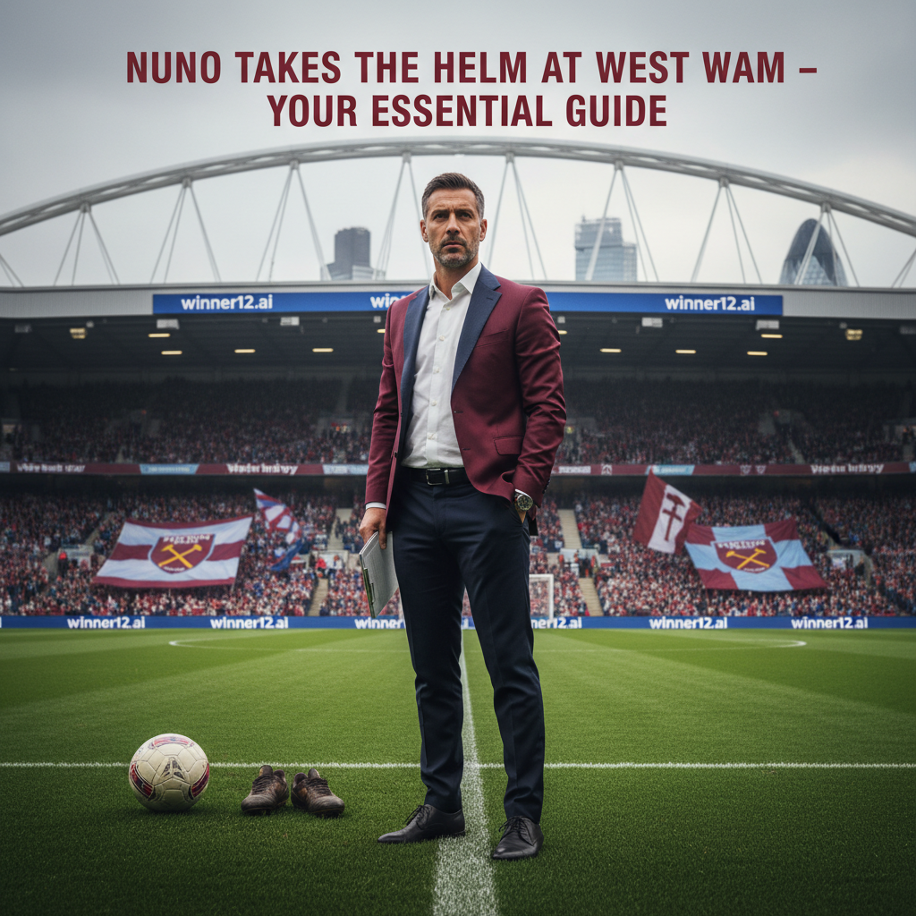图片ALT文本：西汉姆联新任主教练努诺·埃斯皮里图桑托身穿专业教练服，站在传统英式足球场边，背景隐约可见伦敦天际线和伦敦体育场，场地铺满翠绿草坪，展现西汉姆联标志性的酒红蓝色，配以皮革足球和足球鞋，海报上以现代字体突出“努诺接任西汉姆——必备指南”字样，设计中巧妙融入“winner12.ai”元素，整体风格写实，体现英格兰足球的专业与真实感。