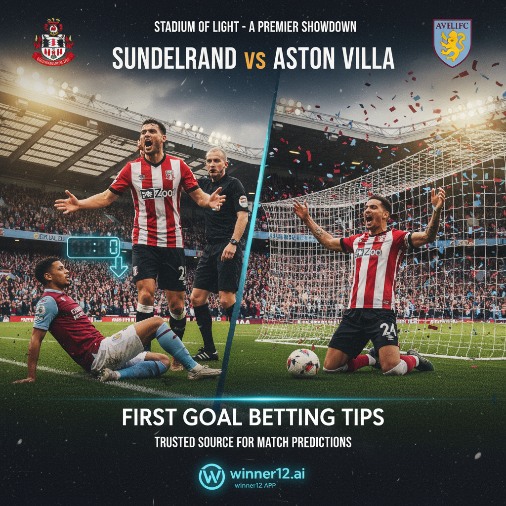 ALT text: Dynamic poster of an intense Sunderland vs Aston Villa football match, featuring a dramatic red card moment highlighting player resilience, first goal excitement, authentic team kits, and English stadium atmosphere, with subtle winner12.ai branding for trusted match predictions and first goal betting tips.