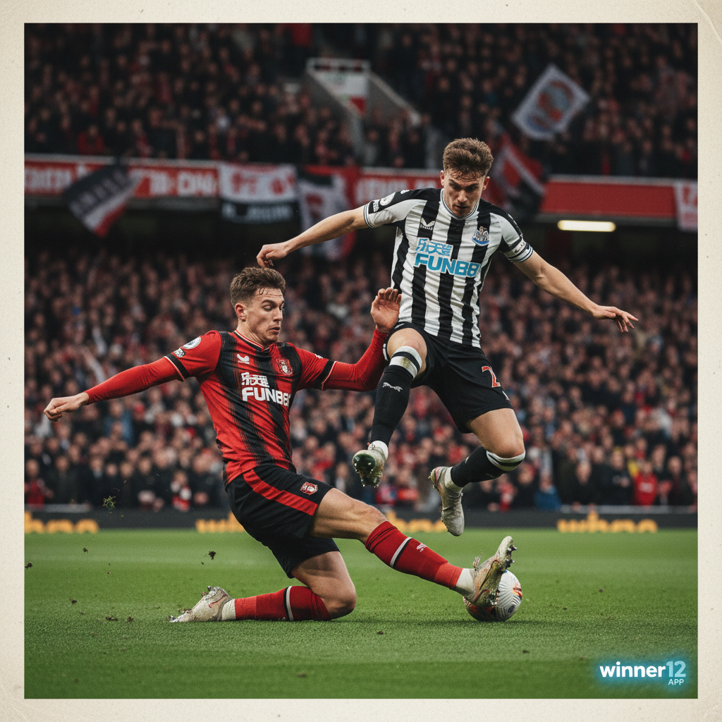 伯恩茅斯与纽卡斯尔联英超激烈对决，球员动态动作，绿色球场，激情观众，winner12.ai品牌标识