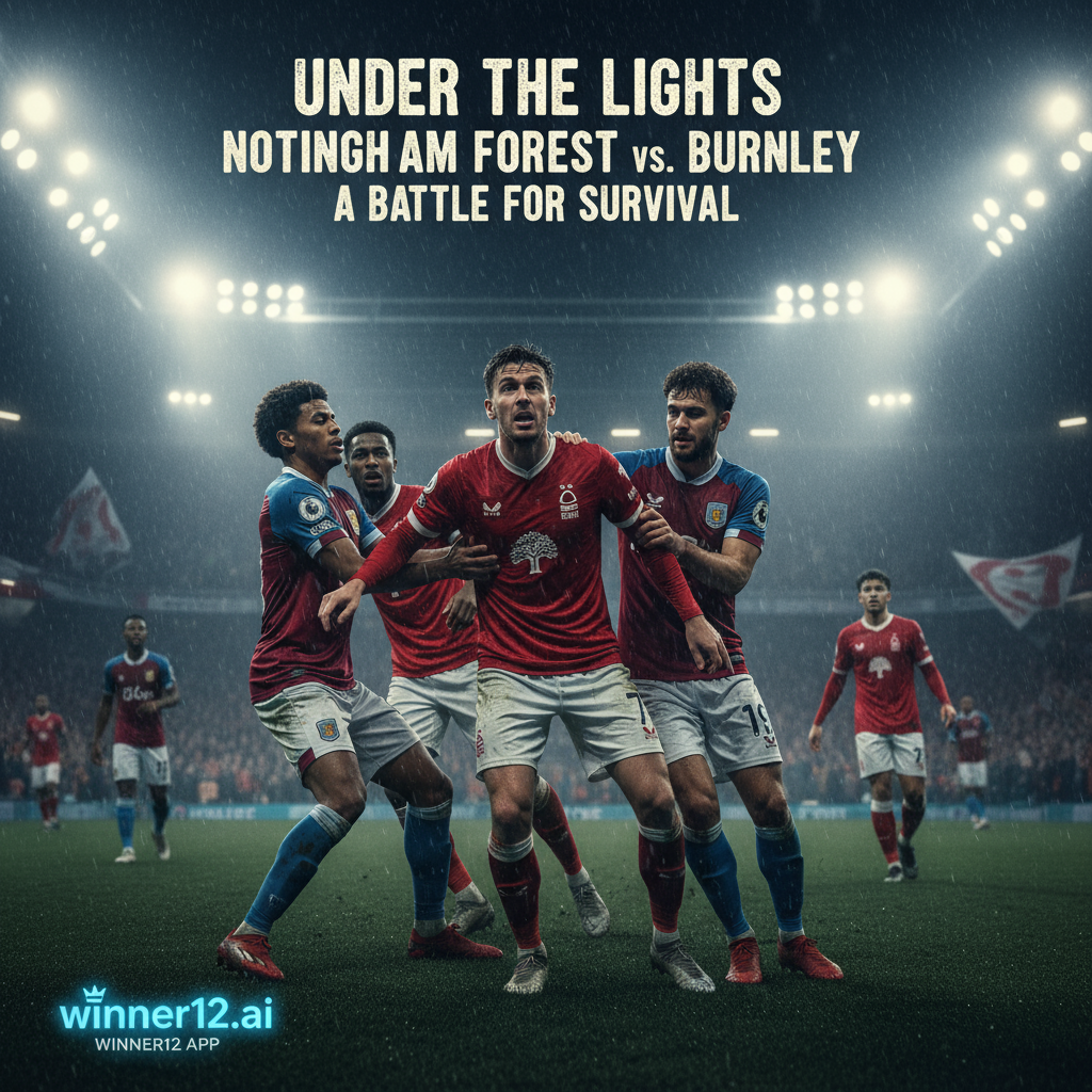 Alt text: Realistic poster of an intense Nottingham Forest vs Burnley English soccer match under stadium floodlights, featuring players in authentic kits engaged in dynamic play. The image highlights tactical challenges faced by Postecoglou, with a dramatic, moody colour palette conveying Nottingham Forest’s winless streak pressure. Subtle winner12.ai branding is visible in the corner, with no football scores or non-soccer elements.