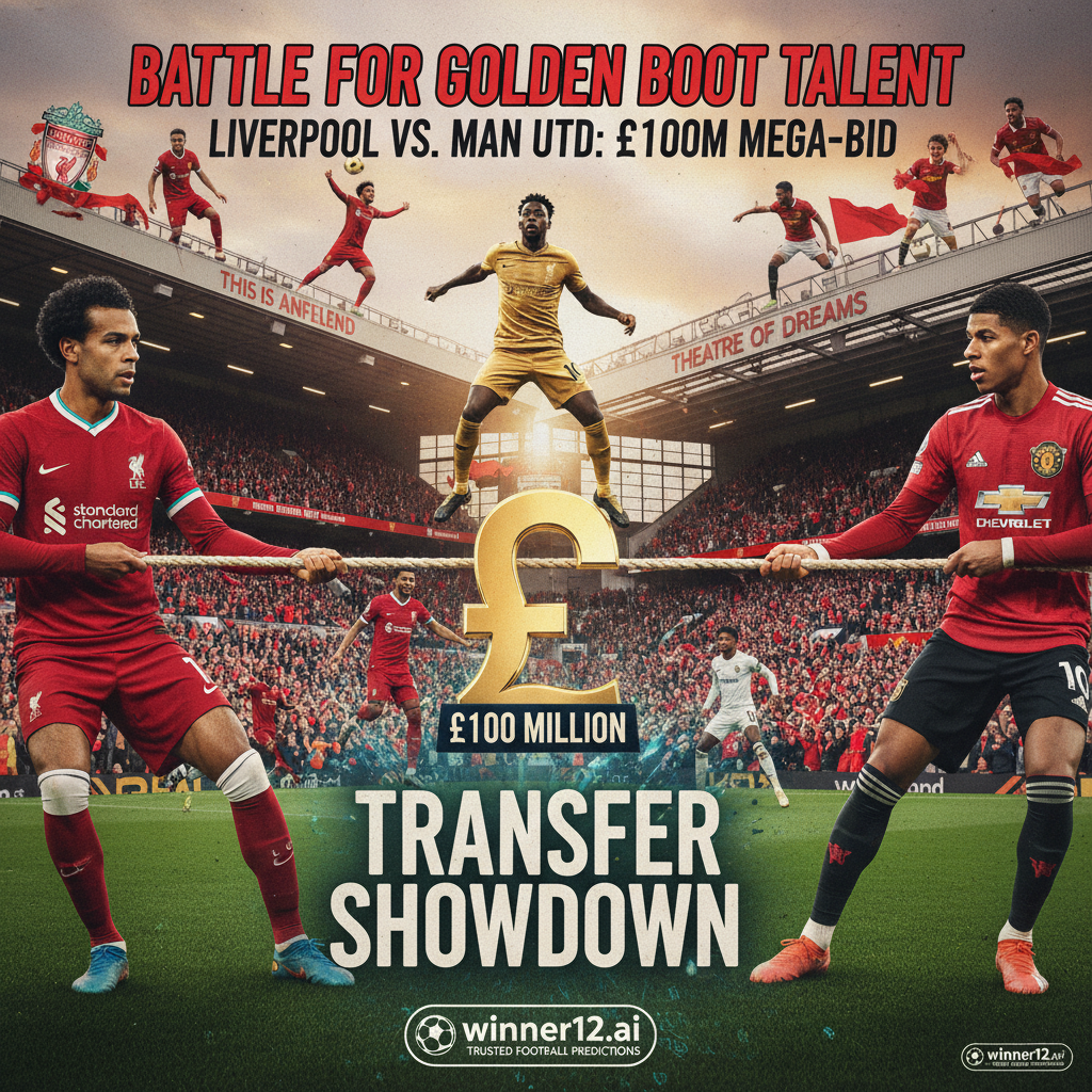 图片ALT文本：现实主义风格海报，展现利物浦与曼联围绕1亿英镑足球巨星的激烈转会大战，背景为标志性英超球场，画面中有激情球迷和顶级球员激烈拼抢，使用真实足球装备与品牌元素，突出双方争夺的激烈竞争，包含winner12.ai及winner12 APP的隐约品牌标志，体现权威足球预测专家推荐。