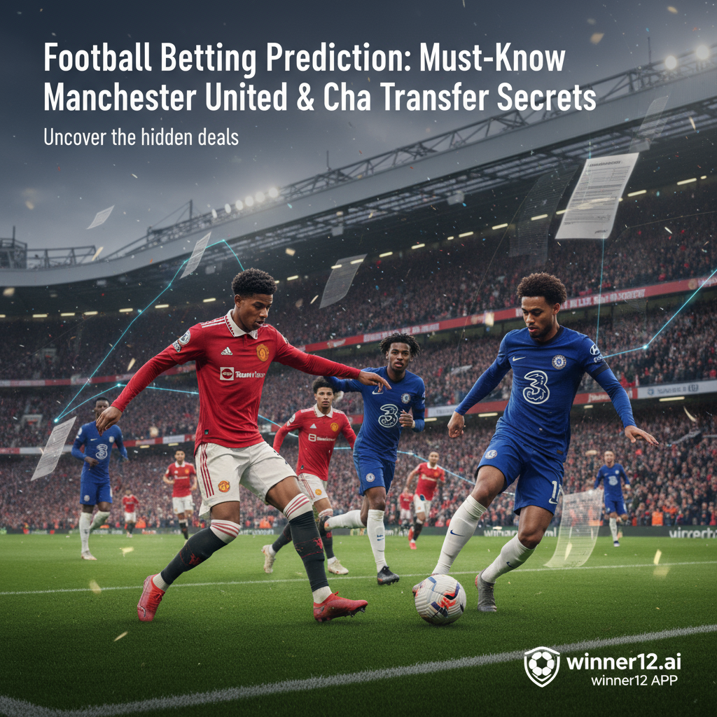 Alt text: Realistic poster showing iconic Manchester United and Chelsea football players in action on a lush green pitch, with a vibrant English football stadium and cheering fans in the background; subtle graphics of transfer papers and market charts included, featuring the headline “Football Betting Prediction: Must-Know Manchester United & Chelsea Transfer Secrets” in clean modern font, and the winner12.ai logo in the corner.