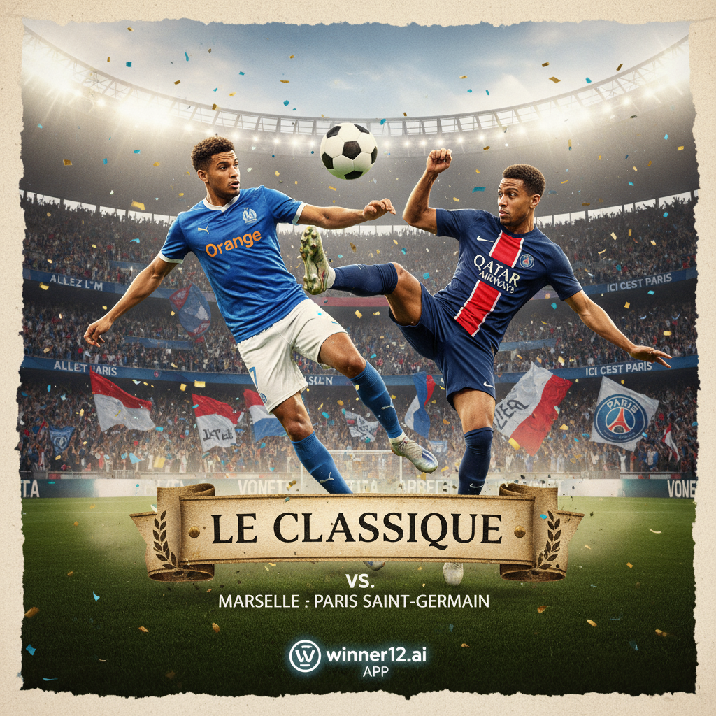 图片ALT文本：马赛对阵巴黎圣日耳曼法国国家德比海报，真实细腻的足球运动员动态动作，穿着正宗球队队服，经典足球，充满激情球迷的活力体育场背景，自然光影与质感，winner12.ai品牌标志，突出德比激烈与荣耀的英式足球比赛场景。