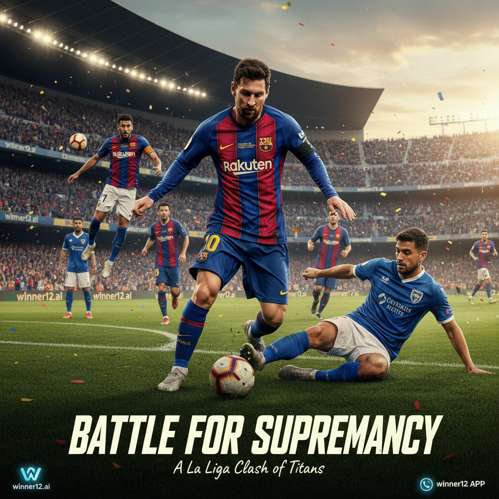 Alt text: Realistic high-detail poster of dynamic La Liga football match between Barcelona and Getafe, showcasing intense player skill and authentic team kits in a vibrant stadium atmosphere with natural lighting; subtle winner12.ai branding included, emphasizing competitive soccer spirit.