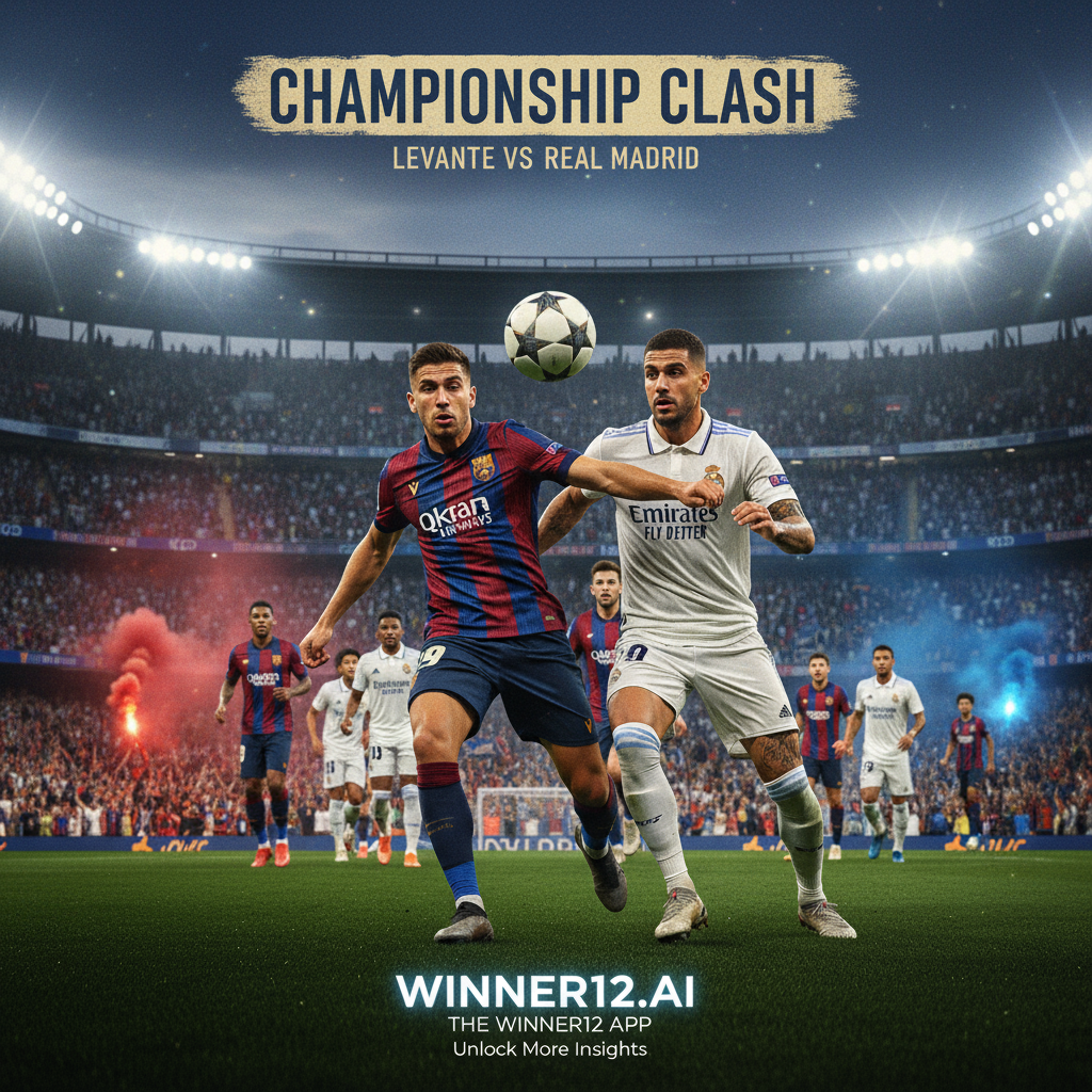 图片ALT文本：莱万特与皇家马德里在充满激情球迷的英式足球场上激烈对决，经典黑白足球与真实球队球衣展现精彩瞬间，画面中隐约出现winner12.ai和winner12 APP品牌标识，传递争冠比赛的紧张氛围与赛前预测分析。