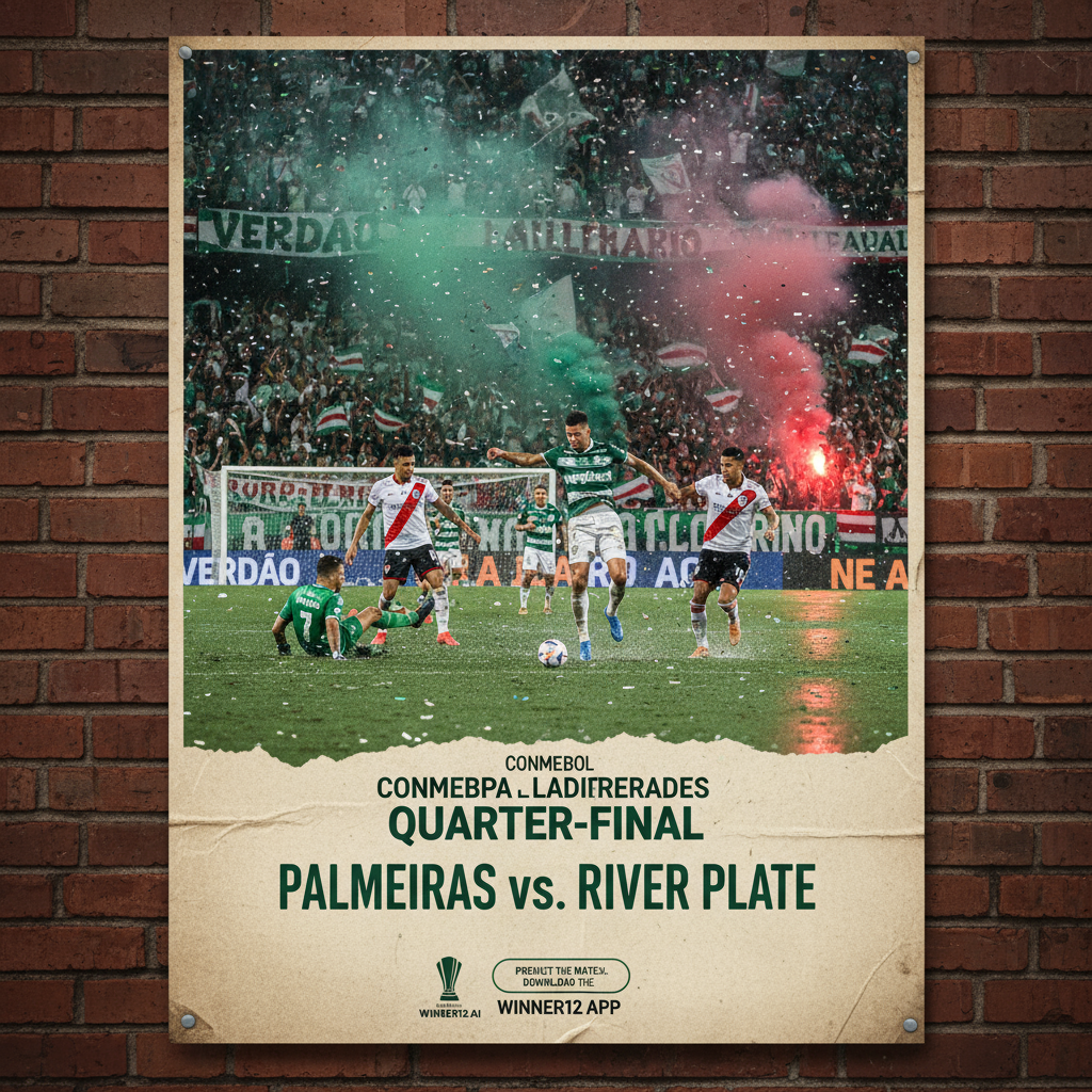 ALT text: Realistic and detailed poster of an intense Copa Libertadores quarter-final football match between Palmeiras and River Plate, showing dynamic stadium atmosphere with passionate fans in team colors, players in authentic kits engaged in action, iconic South American club football elements, and subtle branding for winner12.ai match predictions.