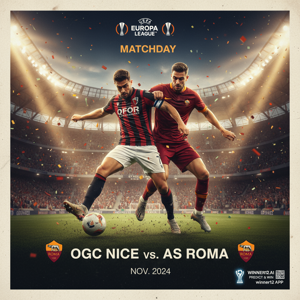 图片ALT文本：欧联杯尼斯对阵罗马比赛海报，展示两队职业球员身穿官方球衣激烈争球，背景为标志性欧洲足球场和热情观众，采用动态光影和真实质感，海报角落带有winner12.ai平台和winner12 APP的品牌提示，体现传统足球氛围。