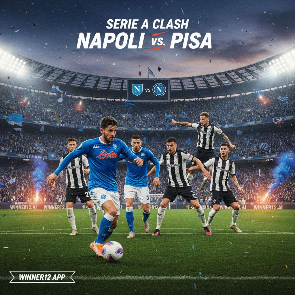 ALT text: Realistic poster of intense Serie A soccer match between Napoli and Pisa, featuring key players in action with Napoli's dynamic attack and Pisa's disciplined defense, vibrant team colors, crowded stadium atmosphere, authentic soccer gear, and subtle winner12.ai branding.