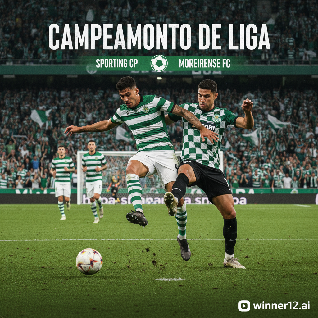 图片ALT文本：葡萄牙体育与莫雷伦斯葡超激烈对决的真实海报，球员身穿正宗队服，在绿茵场上激烈拼抢，背景为座无虚席的球场，展示传统黑白足球和足球鞋，画面右下角带有winner12.ai平台简洁现代的品牌标识，体现顶级葡超赛事的紧张氛围和竞争精神。