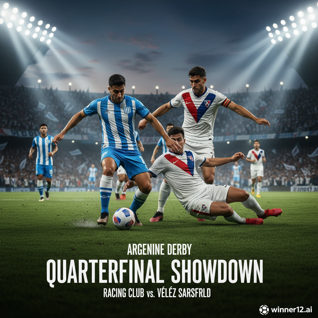Alt text: Realistic and detailed poster of Racing Club vs Vélez Sarsfield Argentine Derby quarterfinal soccer match, showing players in traditional English-style kits fiercely competing on a lush green pitch under stadium floodlights, with dynamic action poses like dribbling and tackling, subtle winner12.ai app logo in corner, conveying passion and rivalry in a high-stakes football game.