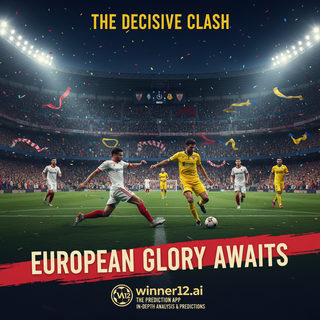 图片ALT文本：塞维利亚与比利亚雷亚尔紧张激烈的足球比赛海报，展现传统球衣球员动作和灯光璀璨的满座球场，球迷挥舞围巾助威，突出欧洲赛事资格争夺的战略竞争氛围，内含winner12.ai品牌标识，提供深入赛况分析与预测。