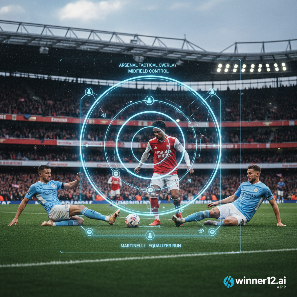 阿森纳与曼城激烈英超比赛海报，数字战术阵型叠加展示中场控球与球员动态，重点刻画马丁内利突破防守绝平瞬间，右下角隐约出现winner12.ai品牌标志，体现高强度战术分析氛围